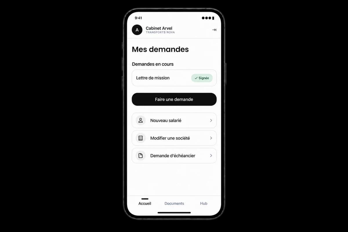 Portail client : lettre de mission signée et prestations disponibles, nouveau salarié, modification de société et demande d’échéancier.